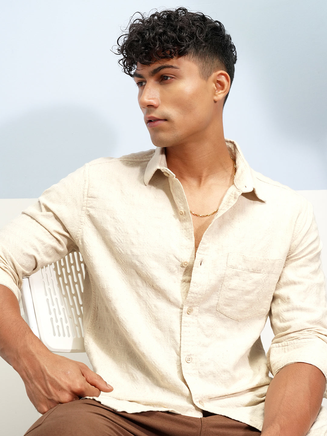 Men's Beige Spread Collar Slim Fit Shirt