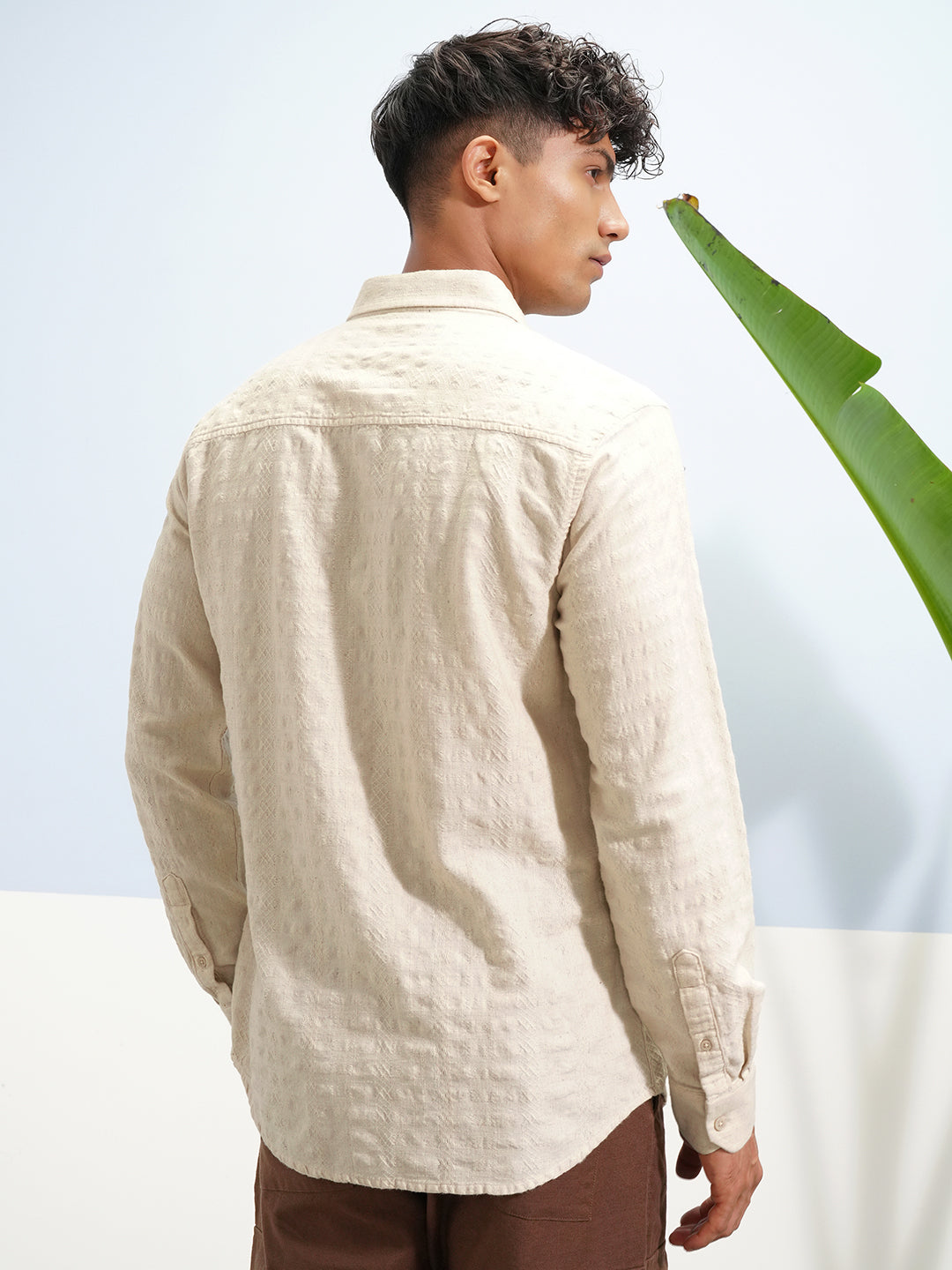 Men's Beige Spread Collar Slim Fit Shirt