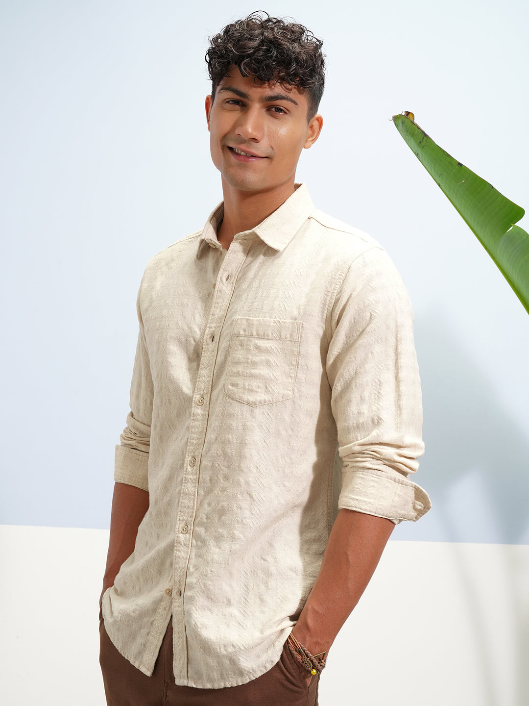 Men's Beige Spread Collar Slim Fit Shirt