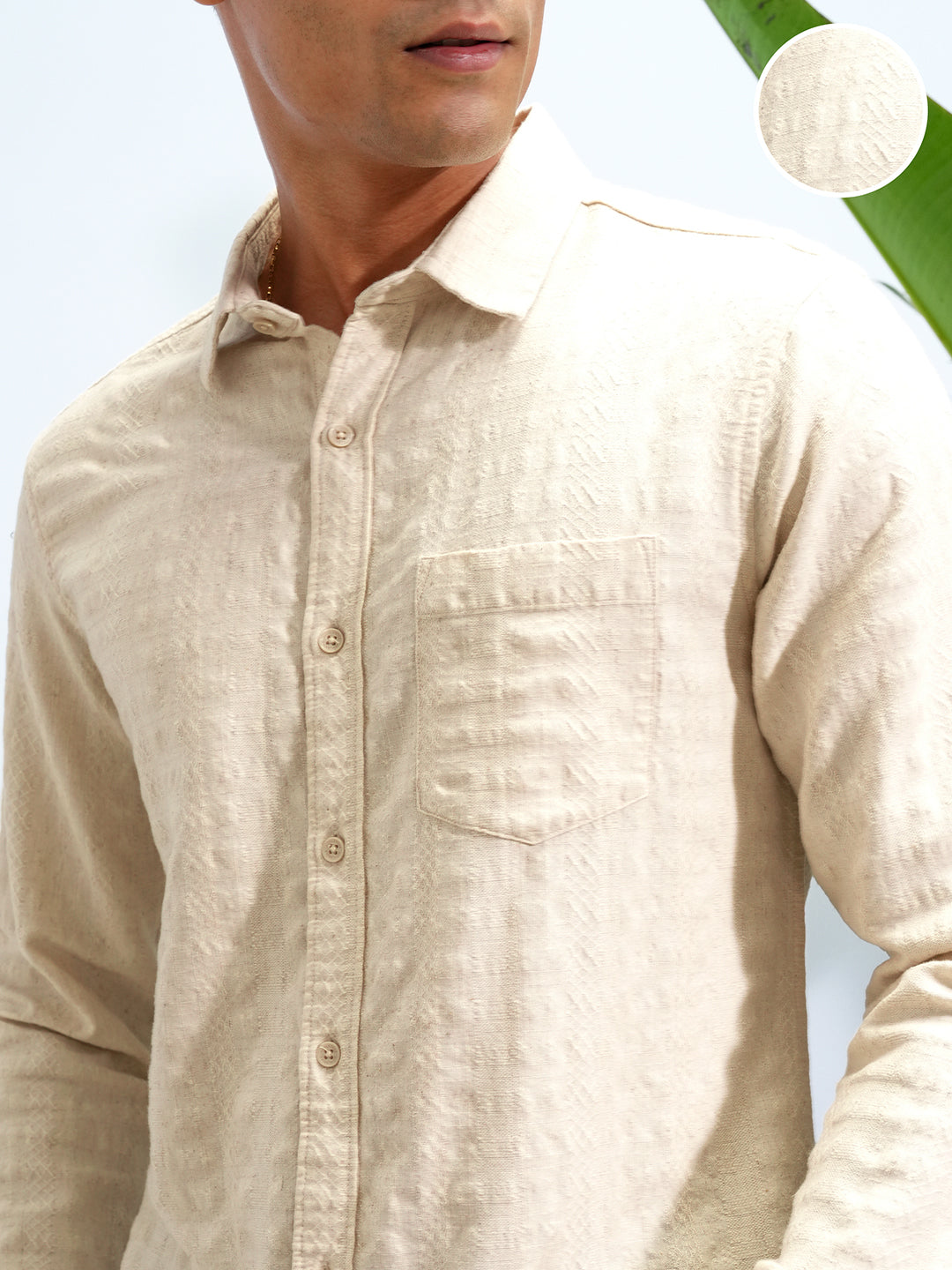 Men's Beige Spread Collar Slim Fit Shirt