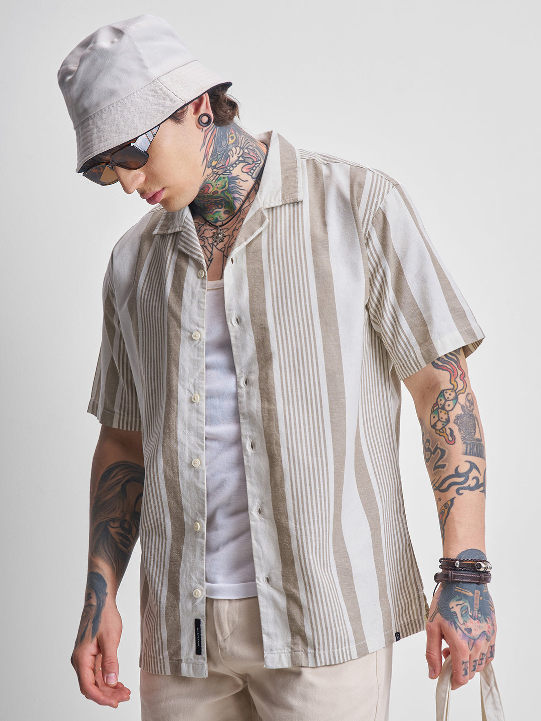 Men's Brown and Off White Relaxed Fit Vertical Striped Cuban Collar Casual Shirt
