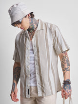 Men's Brown and Off White Relaxed Fit Vertical Striped Cuban Collar Casual Shirt