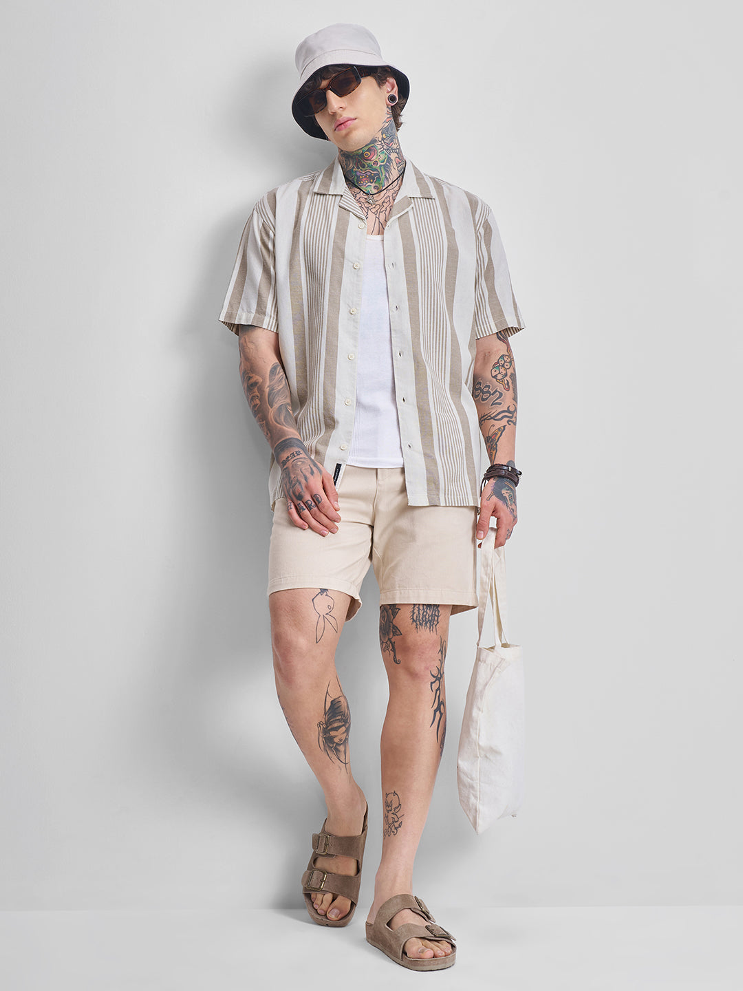 Men's Brown and Off White Relaxed Fit Vertical Striped Cuban Collar Casual Shirt