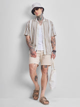 Men's Brown and Off White Relaxed Fit Vertical Striped Cuban Collar Casual Shirt