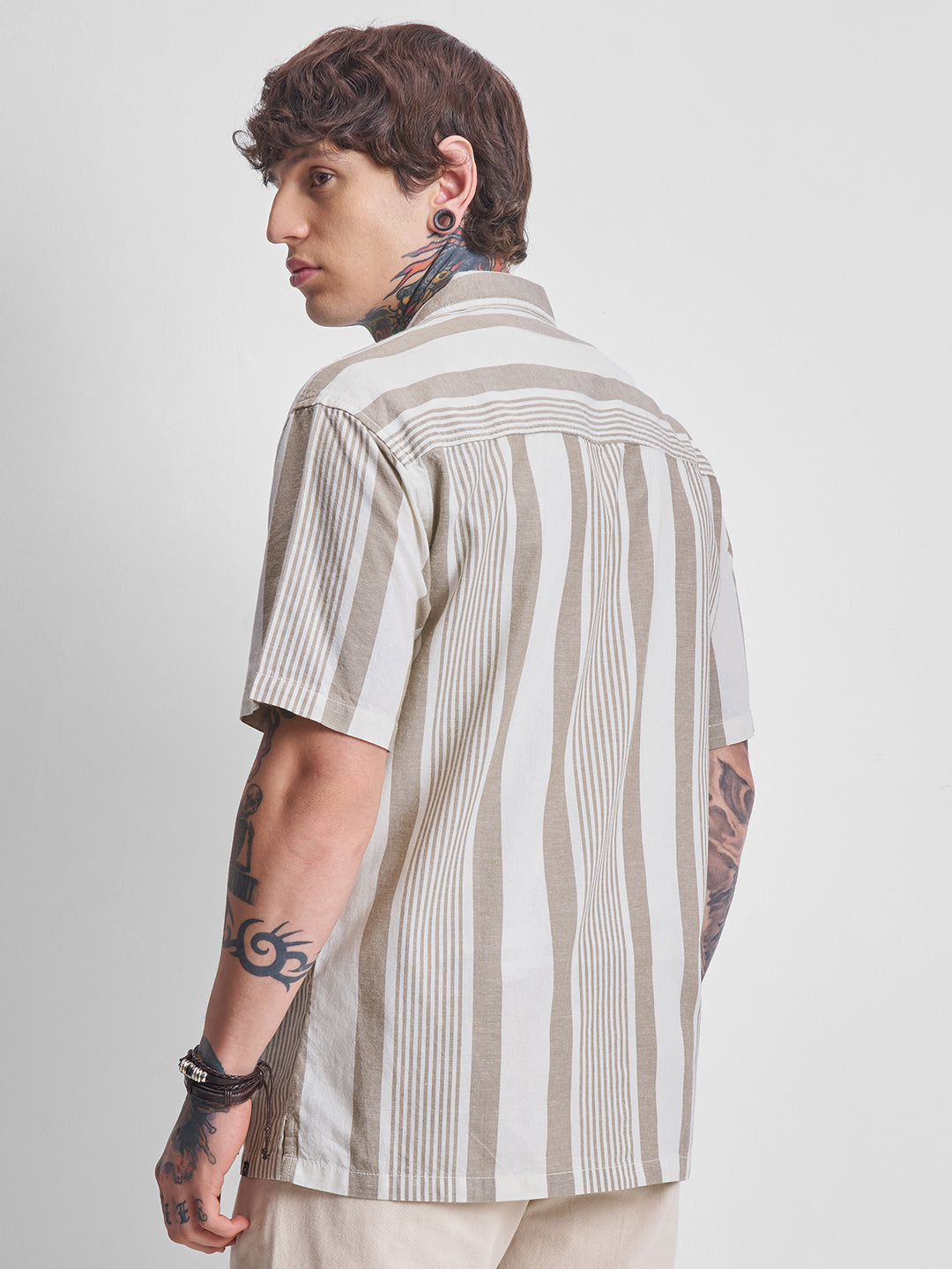 Men's Brown and Off White Relaxed Fit Vertical Striped Cuban Collar Casual Shirt