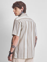 Men's Brown and Off White Relaxed Fit Vertical Striped Cuban Collar Casual Shirt