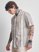 Men's Brown and Off White Relaxed Fit Vertical Striped Cuban Collar Casual Shirt