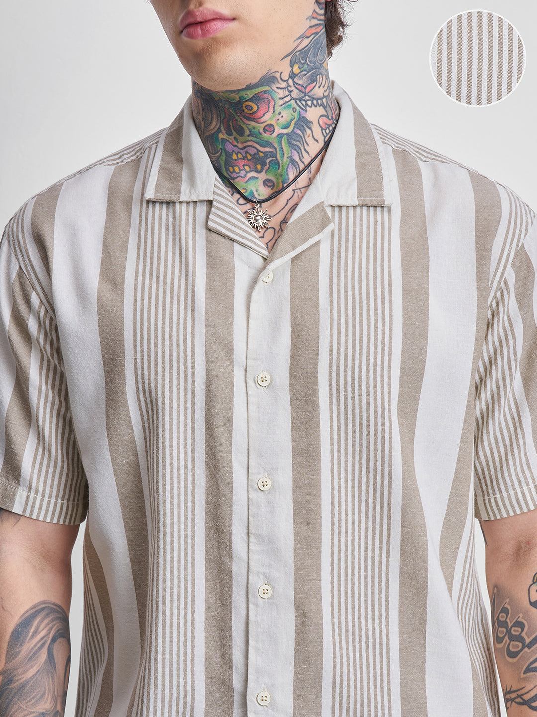Men's Brown and Off White Relaxed Fit Vertical Striped Cuban Collar Casual Shirt