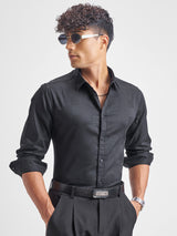 Men's Black Self Design Spread Collar Long Sleeves Slim Fit Shirt