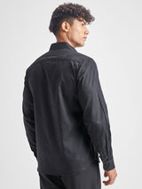 Men's Black Self Design Spread Collar Long Sleeves Slim Fit Shirt