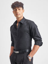 Men's Black Self Design Spread Collar Long Sleeves Slim Fit Shirt
