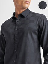 Men's Black Self Design Spread Collar Long Sleeves Slim Fit Shirt
