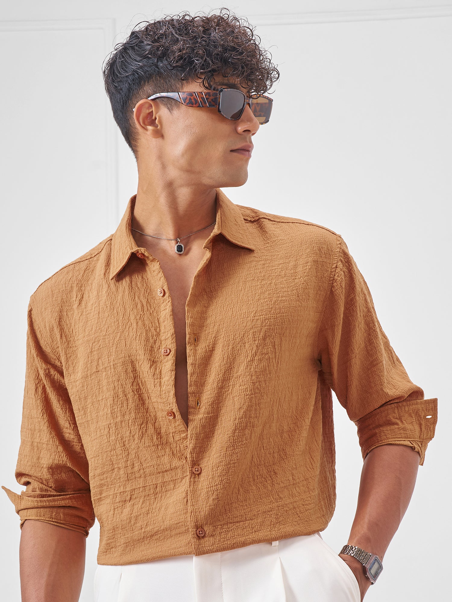 Men's Rust Dobby Textured Solid Relaxed Shirt