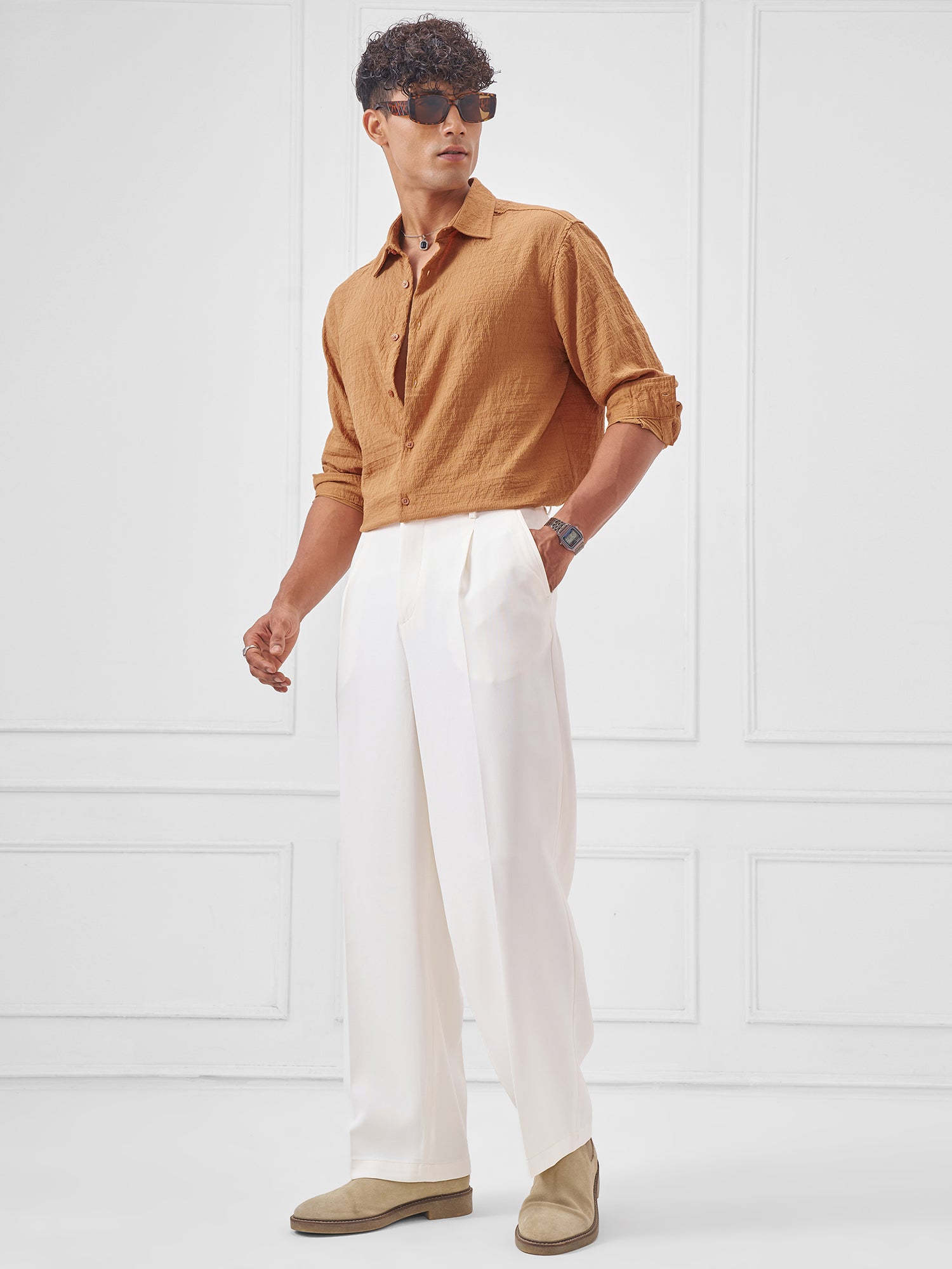 Men's Rust Dobby Textured Solid Relaxed Shirt