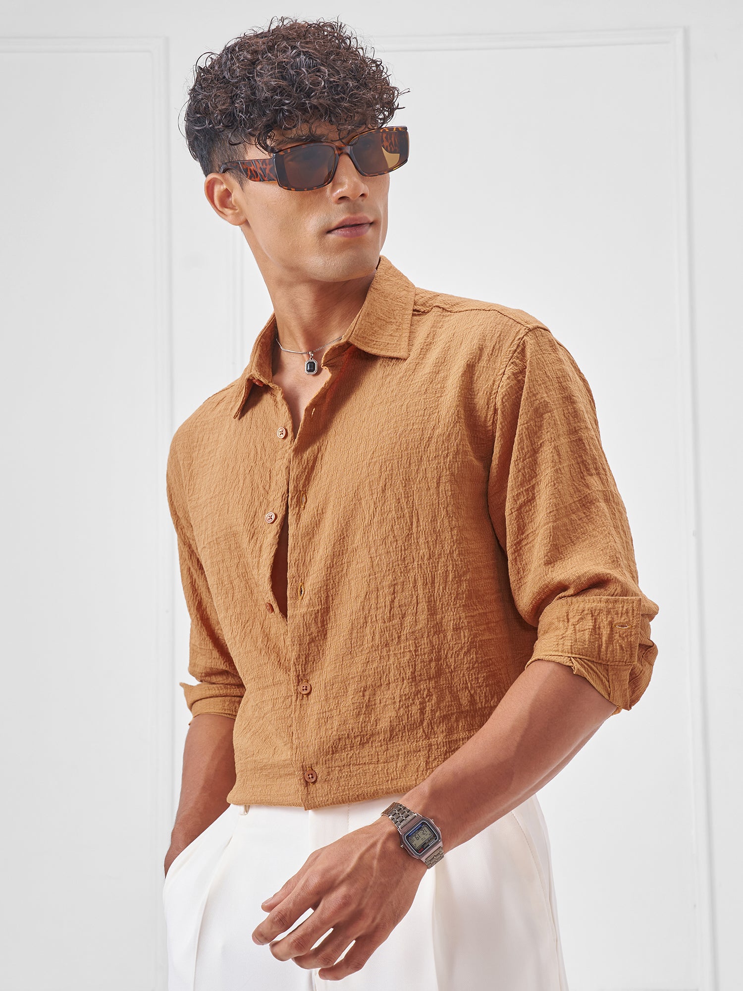 Men's Rust Dobby Textured Solid Relaxed Shirt