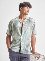 Men's Mint and Grey Printed Spread Collar Short Sleeves Relaxed Fit Shirt