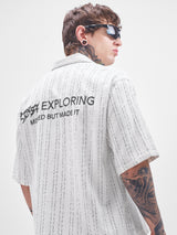 Men's White Embroidered Cuban Collar Checked Boxy Shirt