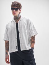 Men's White Embroidered Cuban Collar Checked Boxy Shirt