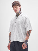 Men's White Embroidered Cuban Collar Checked Boxy Shirt