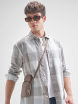 Men's Grey and Off White Seer Sucker Relaxed Checked Shirt