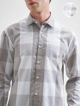 Men's Grey and Off White Seer Sucker Relaxed Checked Shirt