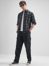 Men's Black Chinelle Yarn Dobby Checked Relaxed Shirt