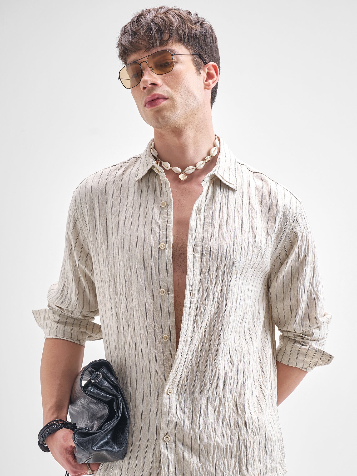 Men's Cream Striped Relaxed Shirt