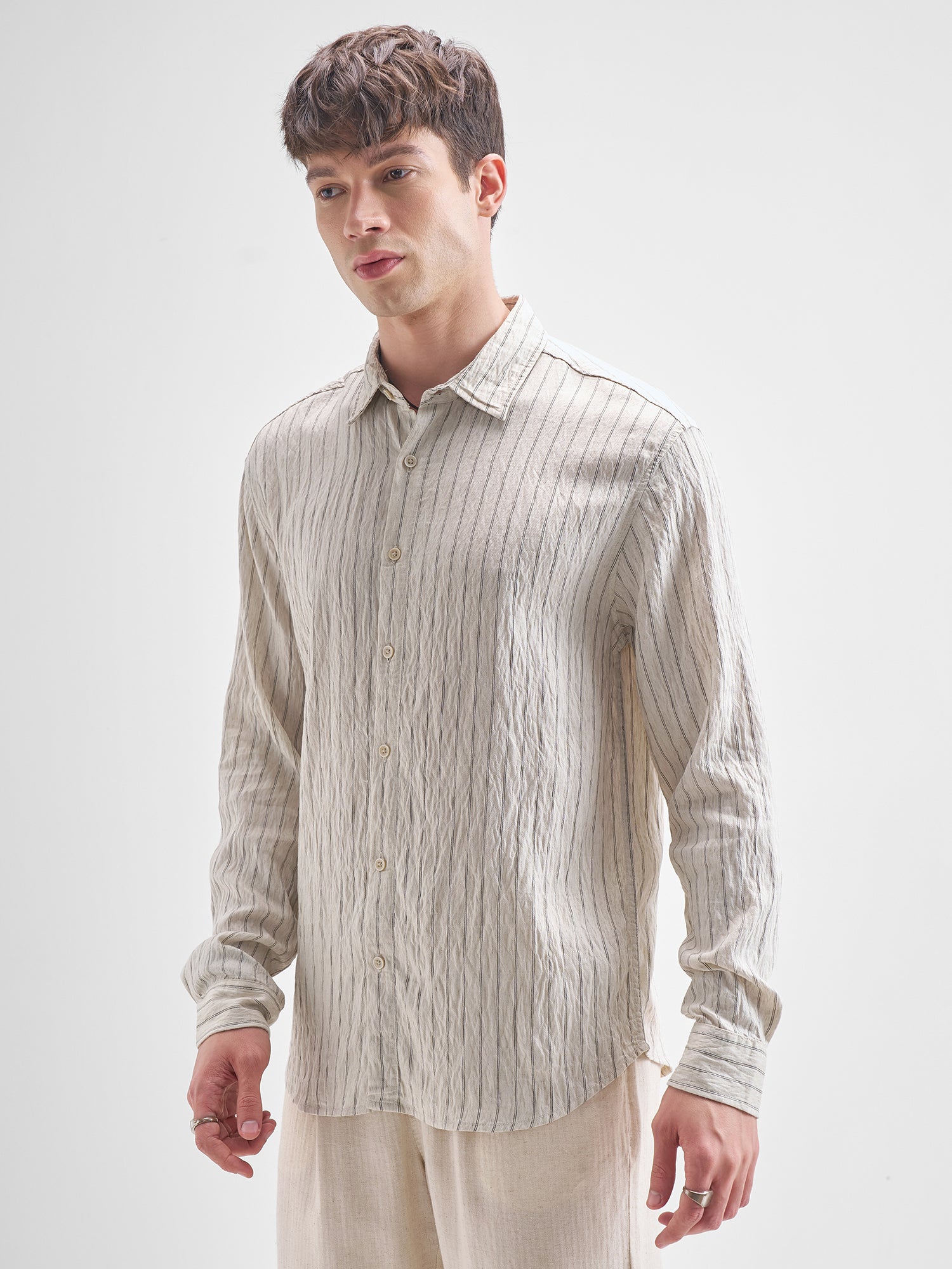 Men's Cream Striped Relaxed Shirt