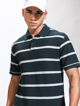 Men's Navy Blue Striped Polo Collar Relaxed Fit Tshirt