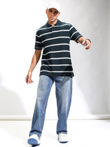 Men's Navy Blue Striped Polo Collar Relaxed Fit Tshirt