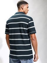 Men's Navy Blue Striped Polo Collar Relaxed Fit Tshirt