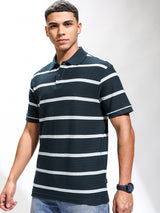 Men's Navy Blue Striped Polo Collar Relaxed Fit Tshirt