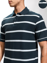 Men's Navy Blue Striped Polo Collar Relaxed Fit Tshirt