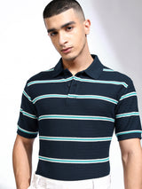 Men's Navy Blue Striped Polo Collar Relaxed Tshirt