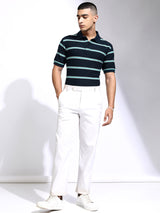 Men's Navy Blue Striped Polo Collar Relaxed Tshirt