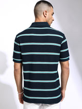 Men's Navy Blue Striped Polo Collar Relaxed Tshirt