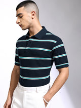 Men's Navy Blue Striped Polo Collar Relaxed Tshirt