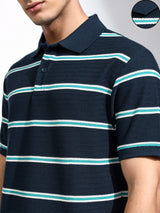 Men's Navy Blue Striped Polo Collar Relaxed Tshirt