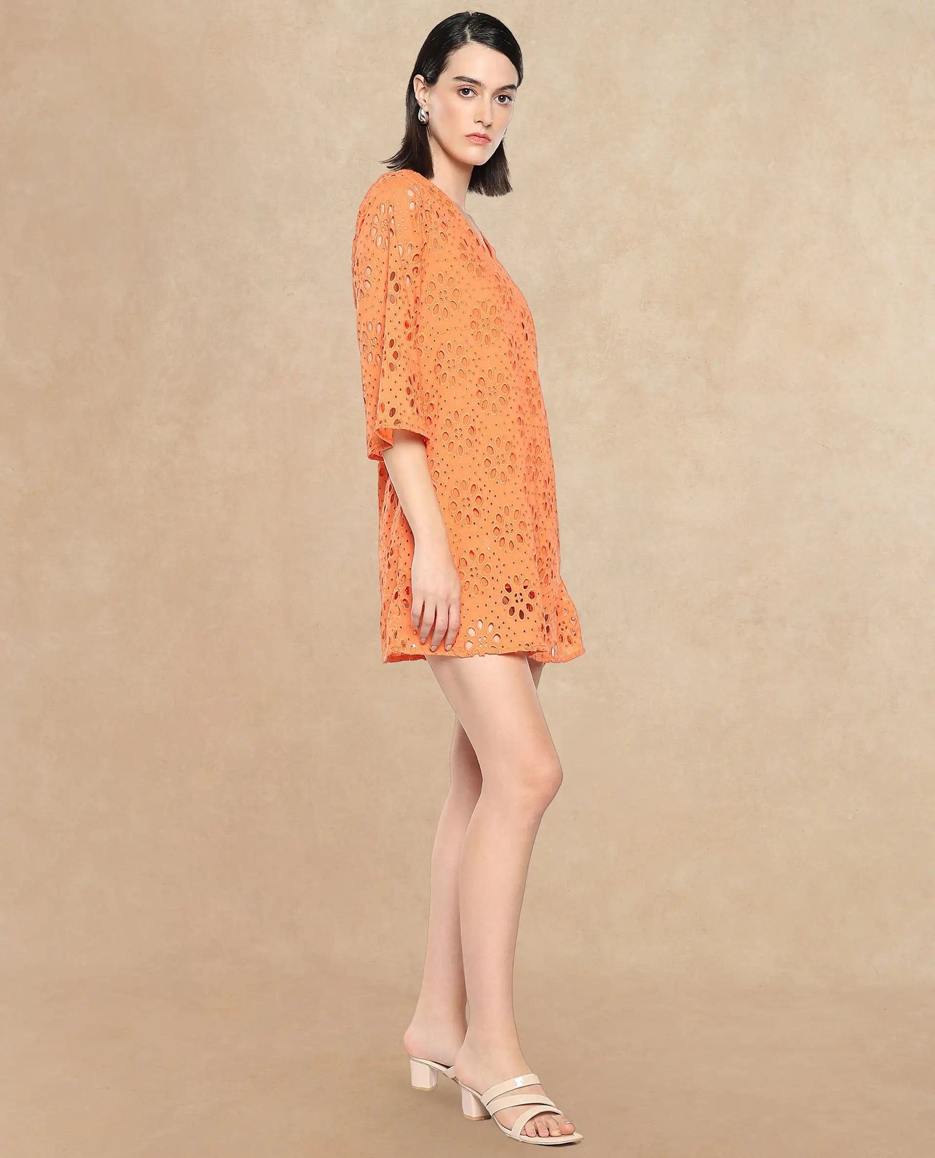 Women's Orange Three Quarter Sleeves Dress