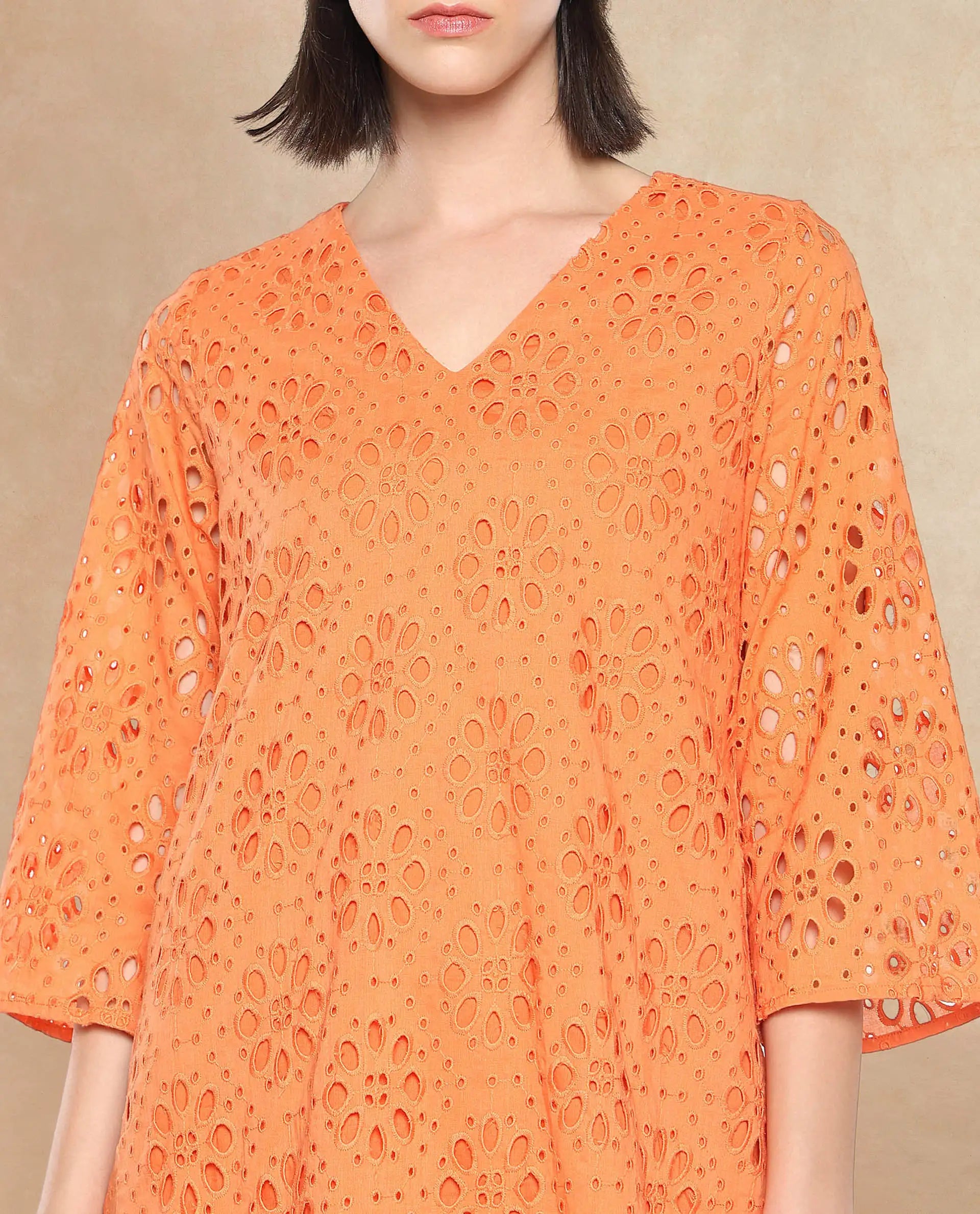 Women's Orange Three Quarter Sleeves Dress