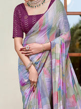 Women's Chiffon Multicolor Printed Designer Saree with Blouse Piece