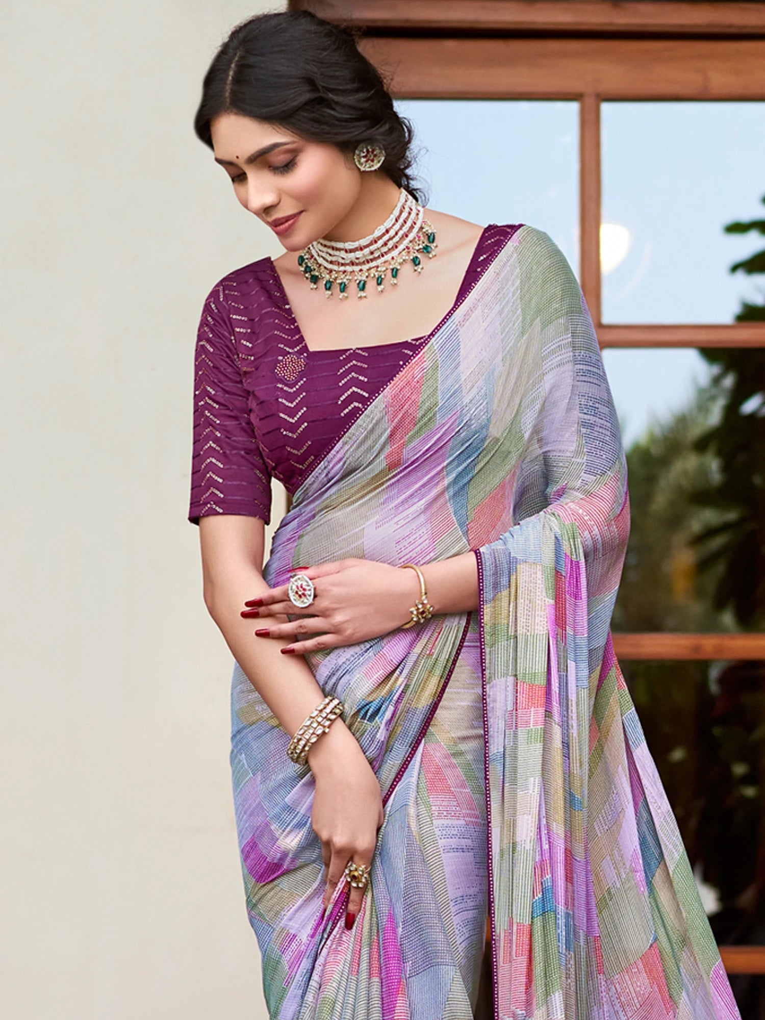 Women's Chiffon Multicolor Printed Designer Saree with Blouse Piece