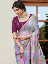 Women's Chiffon Multicolor Printed Designer Saree with Blouse Piece