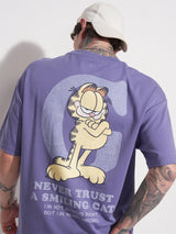 Men's Purple Garfield Graphic Printed Round Neck Oversized Tshirt