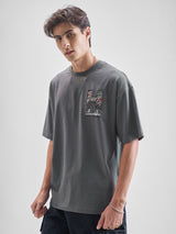 Men's Dark Grey Warner Bros Harry Potter Round Neck Half Sleeve Oversized Drop Shoulder Graphic Tshirt