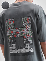 Men's Dark Grey Warner Bros Harry Potter Round Neck Half Sleeve Oversized Drop Shoulder Graphic Tshirt