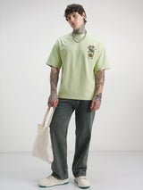 Men's Lime Green Graphic Printed Round Neck Drop-Shoulder Sleeves Oversized Tshirt