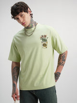 Men's Lime Green Graphic Printed Round Neck Drop-Shoulder Sleeves Oversized Tshirt