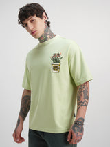 Men's Lime Green Graphic Printed Round Neck Drop-Shoulder Sleeves Oversized Tshirt