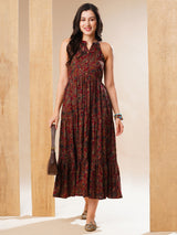 Women's Maroon Halter Neck Allover Floral Print Tiered Fit and Flare Fusion Maxi Dress